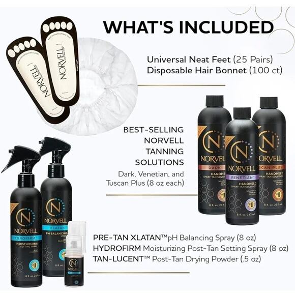 Norvell Spray Tan Starter Pack | Pre and Post-Tan Care, Neat Feet, Hair Caps - Picture 2 of 6